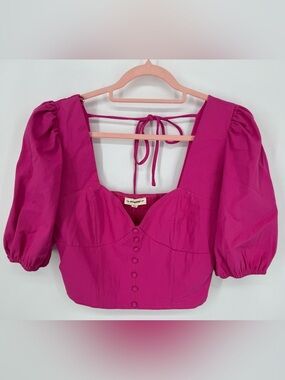 eesome Barbiecore Hot Pink Puff Sleeve Smocked Back Corset Crop Top Large NWT